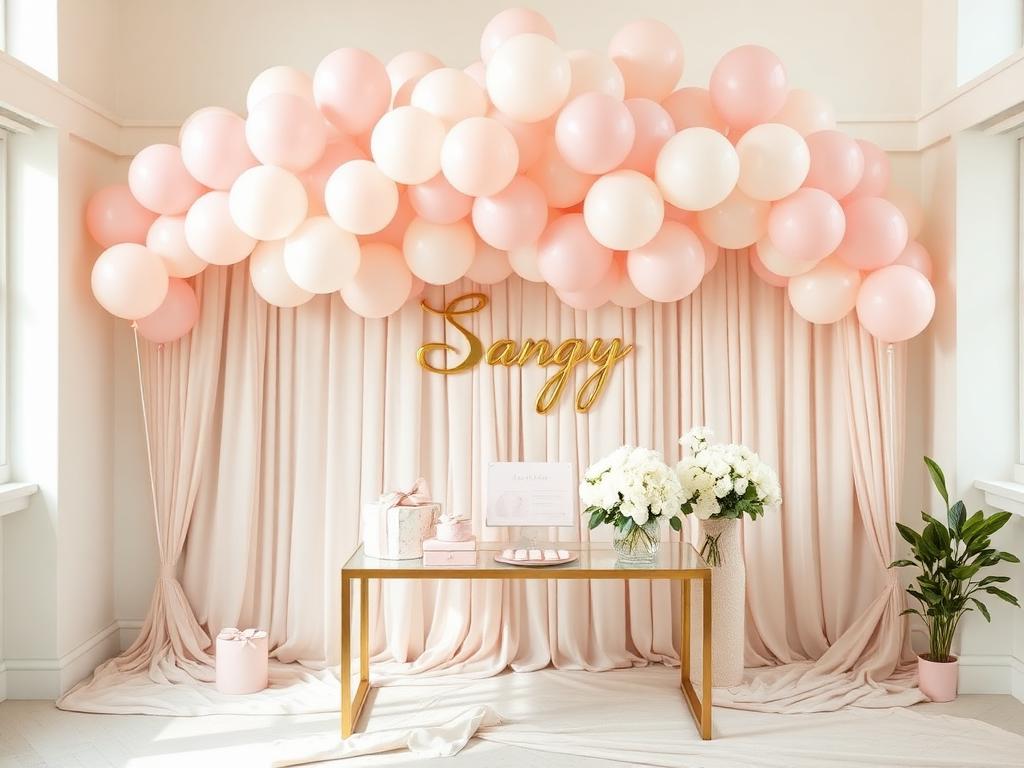 Baby shower décor with blush balloon cloud, draped backdrop and gift table