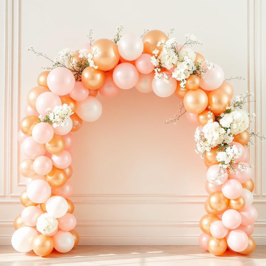 Blush and champagne gold balloon arch with white florals