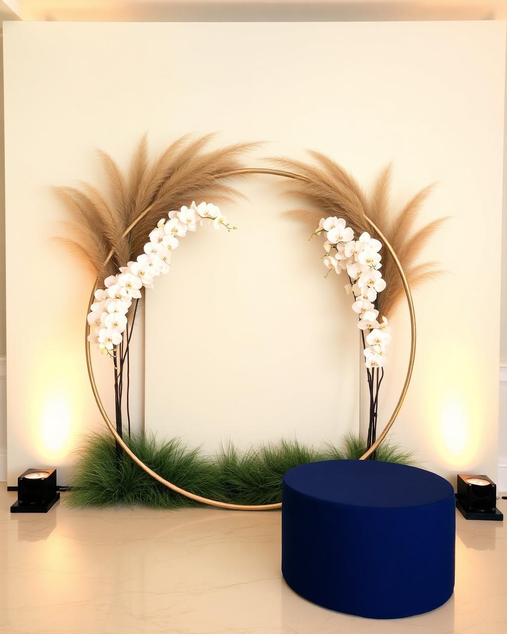 Custom circular event backdrop with orchids and pampas grass