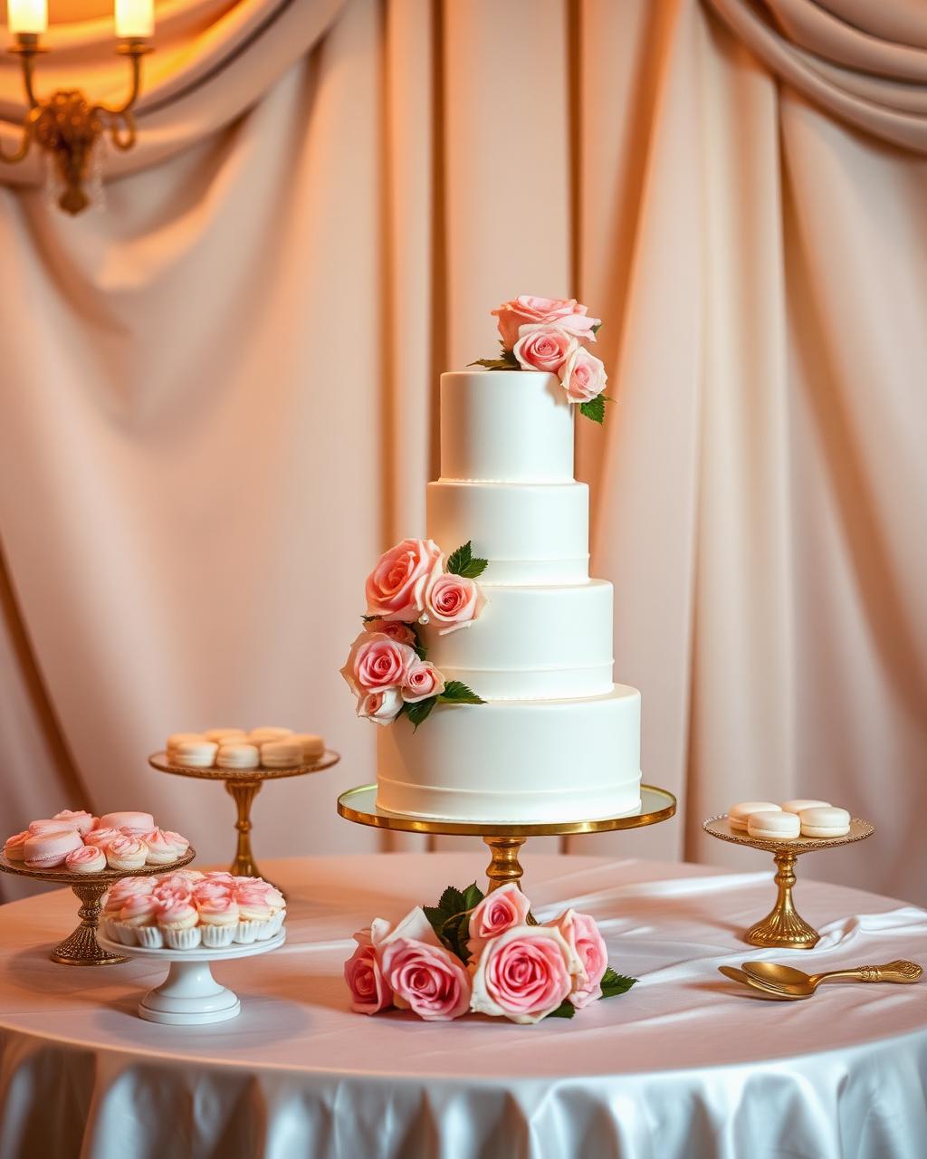 Styled dessert table with tiered cake, macarons and blush roses