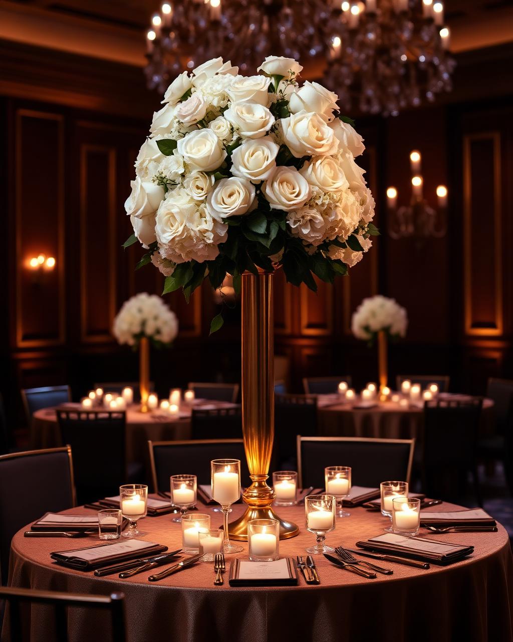 Tall white rose and hydrangea centerpiece on a candlelit round table