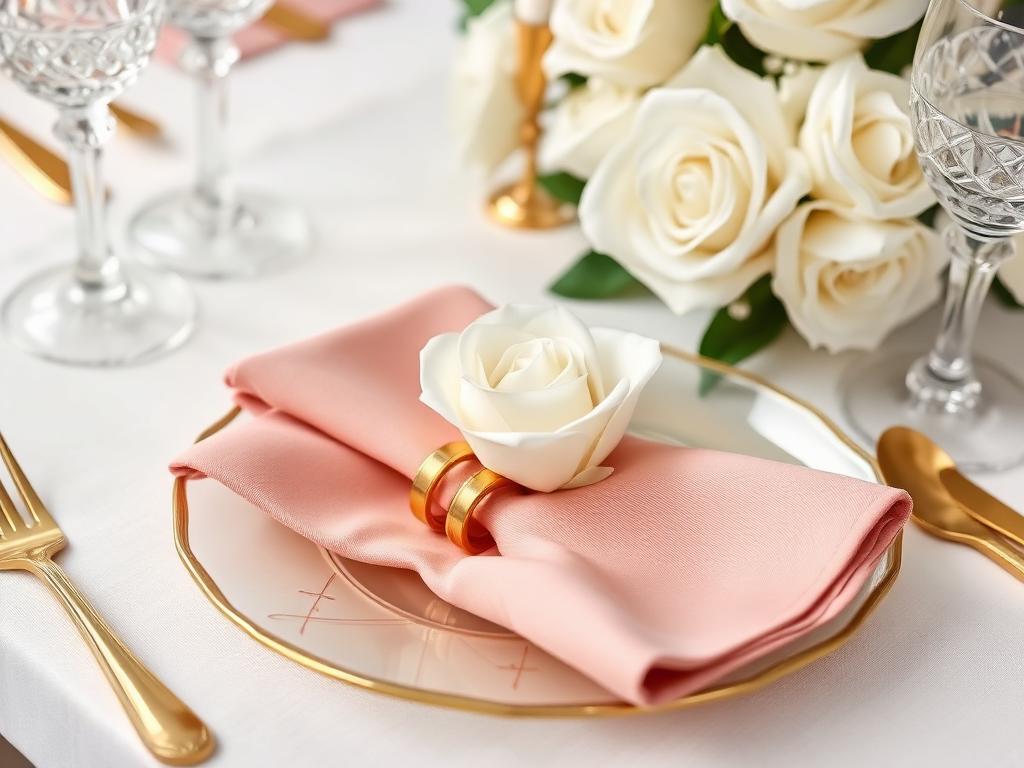 Blush napkin, gold flatware and a white rose on a styled place setting