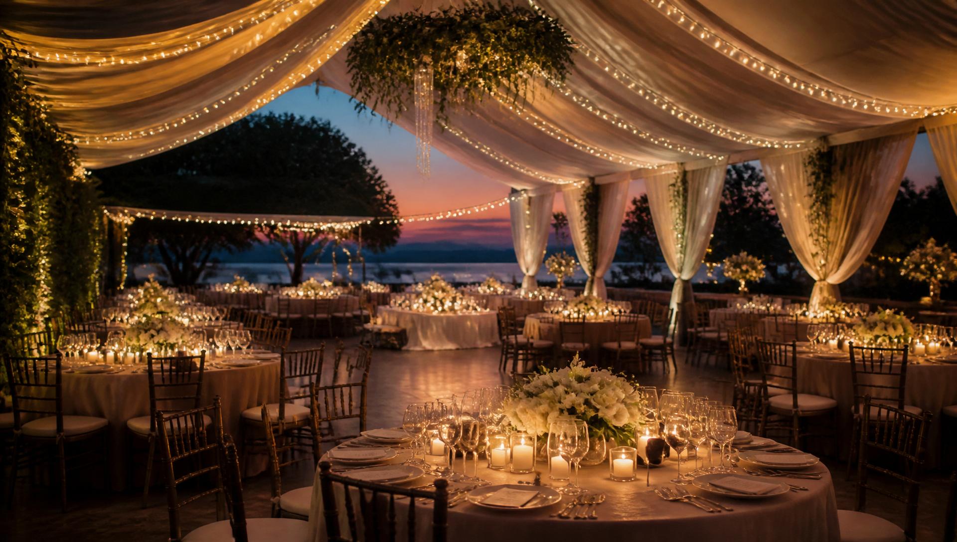 Wide view of a candlelit celebration venue at dusk with draped ceiling and string lights